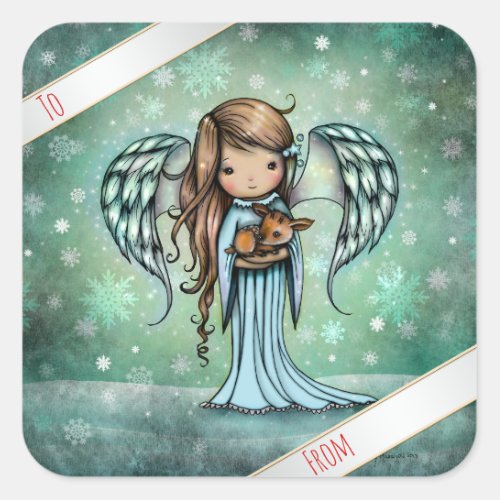 Angel holding Fawn Illustrated Art Square Sticker