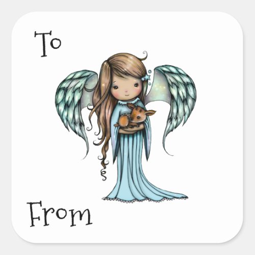 Angel holding Fawn Illustrated Art Square Sticker