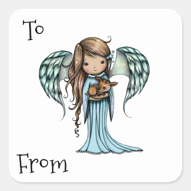 Angel holding Fawn Illustrated Art Square Sticker (Front)