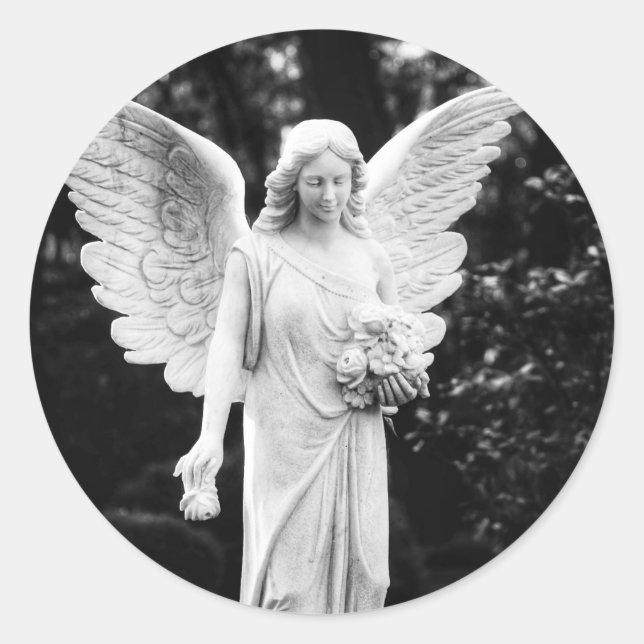 Angel holding flowers black and white photography classic round sticker (Front)