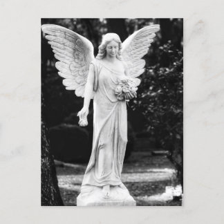 Angel holding flowers black and white photography postcard