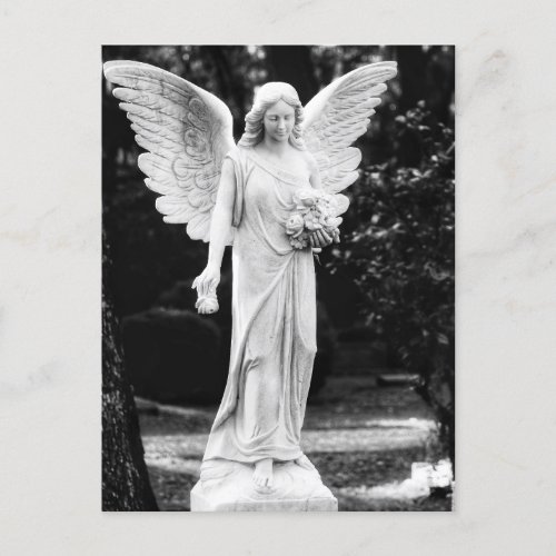 Angel holding flowers black and white photography  postcard