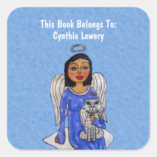 Angel Holding White Cat Angel Blue Dress Cloud Square Sticker