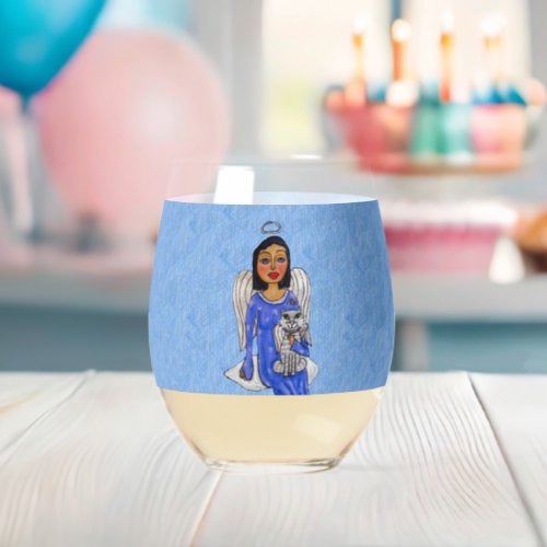 Angel Holding White Cat on Cloud Sky blue Stemless Wine Glass