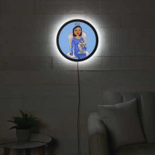Angel Holding White Cat Sitting on a Cloud Sky LED Sign