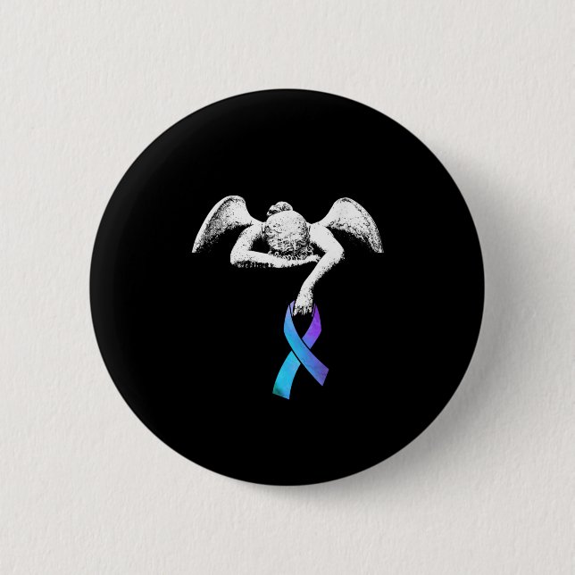 Angel Holds Teal Purple Ribbon Suicide Prevention Button (Front)