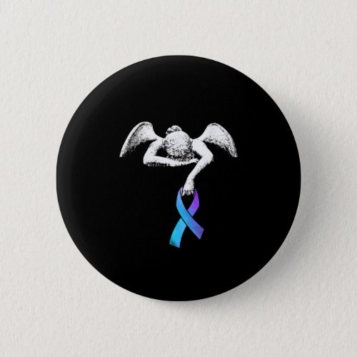 Angel Holds Teal Purple Ribbon Suicide Prevention Button