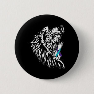 Angel Holds Teal Purple Ribbon Suicide Prevention Button