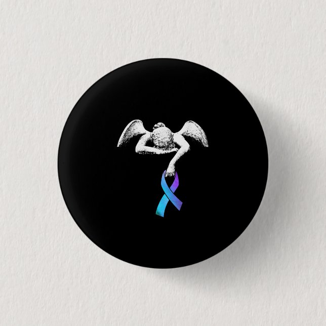 Angel Holds Teal Purple Ribbon Suicide Prevention Button (Front)