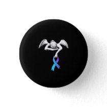 Angel Holds Teal Purple Ribbon Suicide Prevention Button