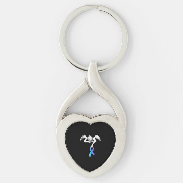 Angel Holds Teal Purple Ribbon Suicide Prevention Keychain (Front)