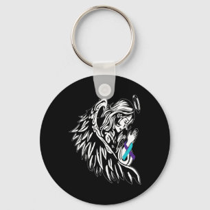 Angel Holds Teal Purple Ribbon Suicide Prevention Keychain