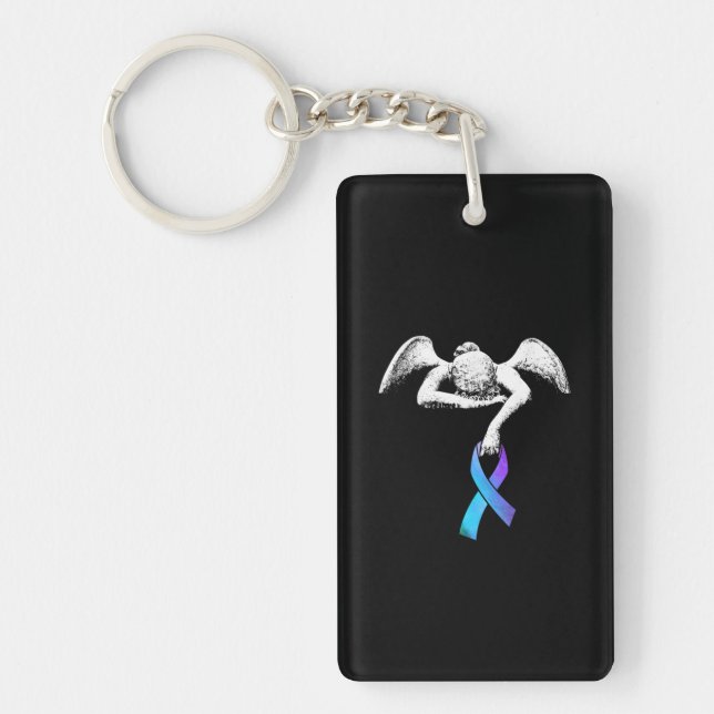 Angel Holds Teal Purple Ribbon Suicide Prevention Keychain (Front)