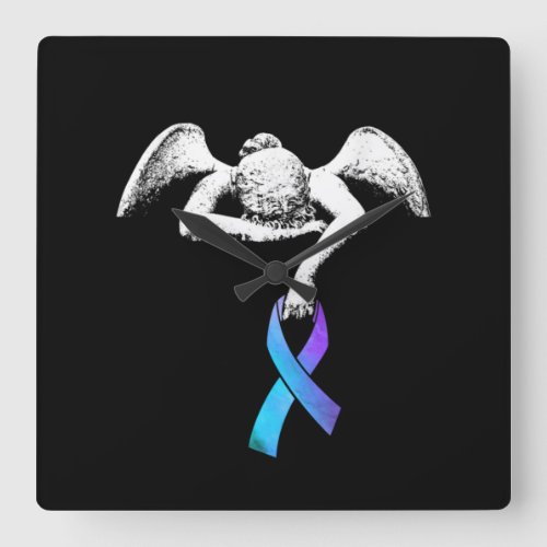 Angel Holds Teal Purple Ribbon Suicide Prevention Square Wall Clock