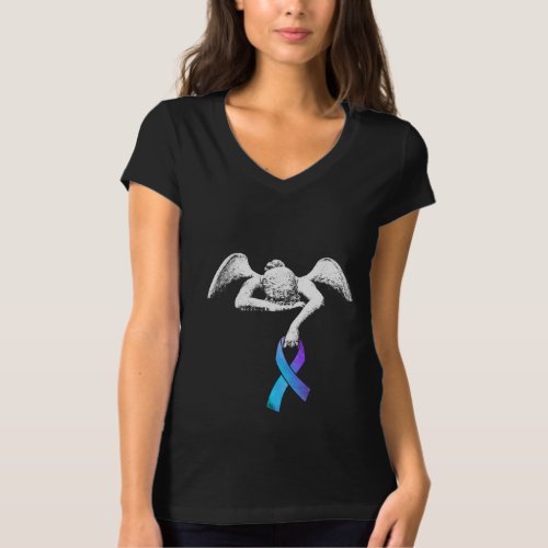 Angel Holds Teal Purple Ribbon Suicide Prevention T_Shirt