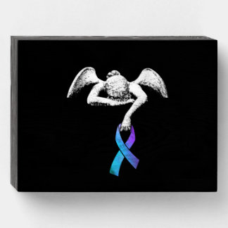 Angel Holds Teal Purple Ribbon Suicide Prevention Wooden Box Sign