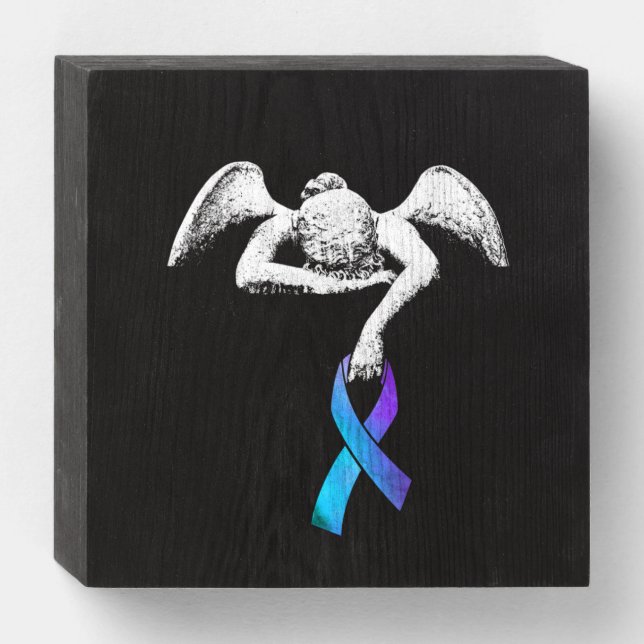 Angel Holds Teal Purple Ribbon Suicide Prevention Wooden Box Sign (Front Horizontal)