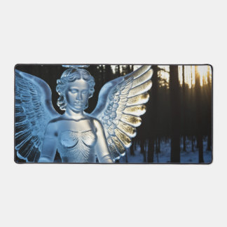 Angel Ice Sculpture in Winter Forest at Sunset Desk Mat