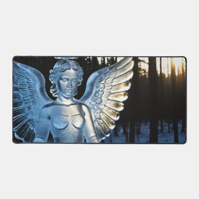 Angel Ice Sculpture in Winter Forest at Sunset Desk Mat (Front)