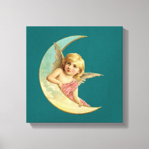 Angel in a crescent moon vintage image canvas print