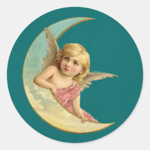 Angel in a crescent moon vintage image classic round sticker