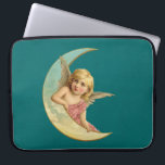 Angel in a crescent moon vintage image laptop sleeve<br><div class="desc">A sweet vintage drawing. A peaceful kind child-like angel resting on the curve of a crescent moon on a dark green background.</div>