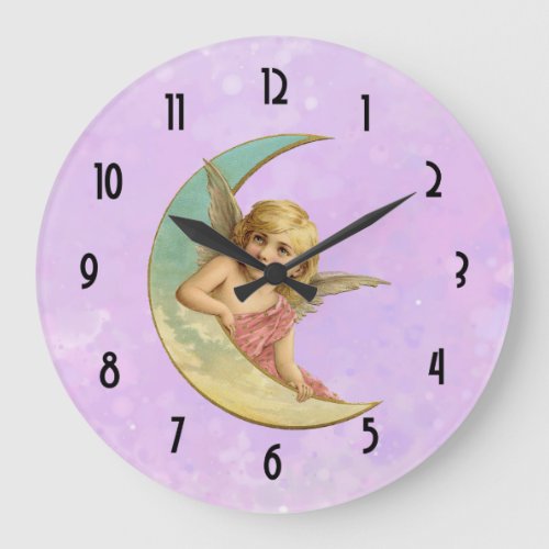 Angel in a crescent moon vintage image large clock