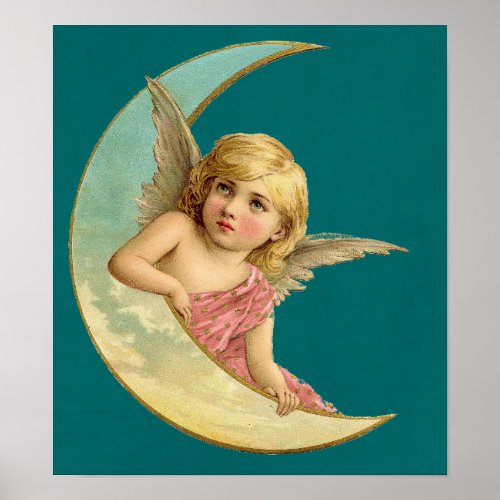 Angel in a crescent moon vintage image poster