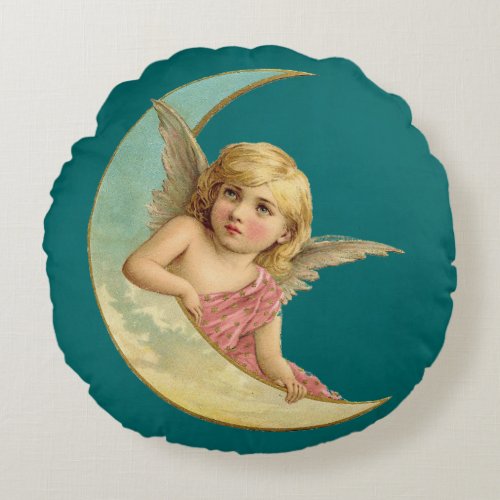 Angel in a crescent moon vintage image round pillow
