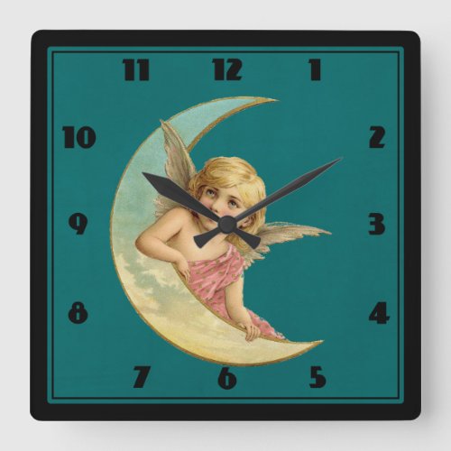 Angel in a crescent moon vintage image square wall clock