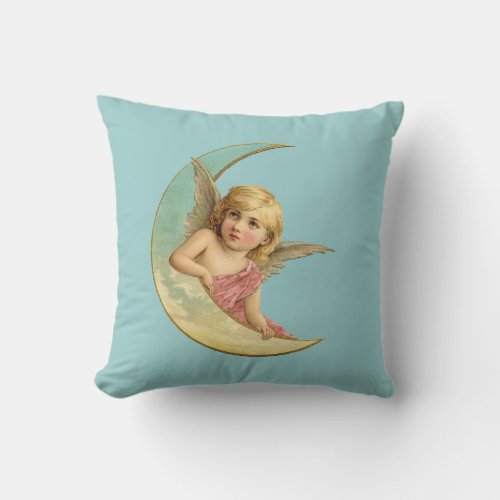 Angel in a crescent moon vintage image throw pillow