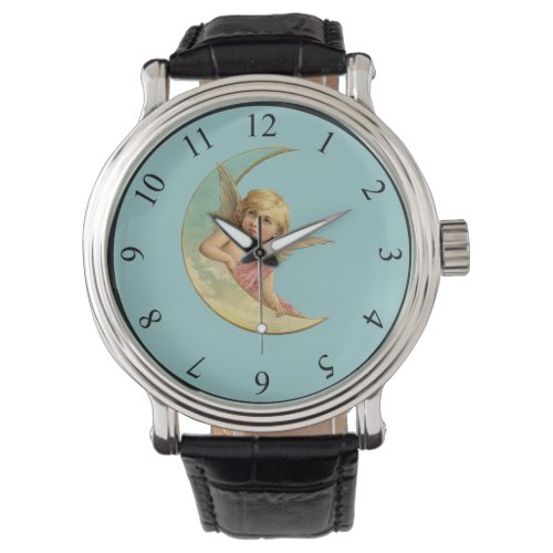 Angel in a crescent moon vintage image watch