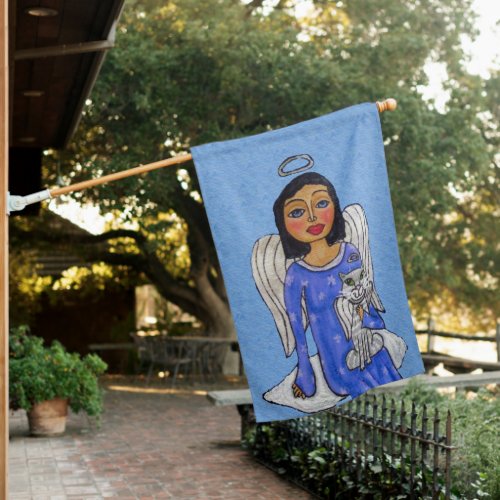 Angel in Blue Dress Holding Angel Cat on Cloud House Flag