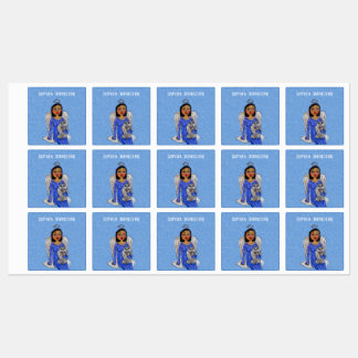 Angel in Blue Dress on Cloud Holding Angel Cat Kids' Labels