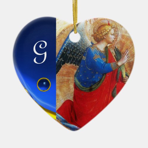 ANGEL IN GOLD RED AND BLUE Heart Gemstone Monogram Ceramic Ornament