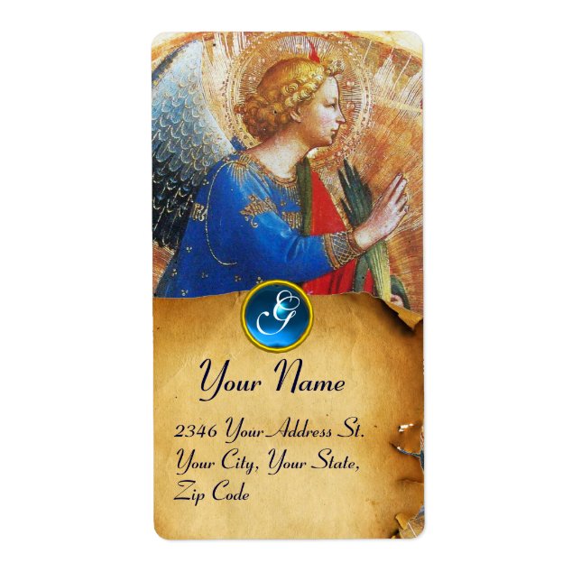 ANGEL IN GOLD RED AND BLUE MONOGRAM LABEL (Front)