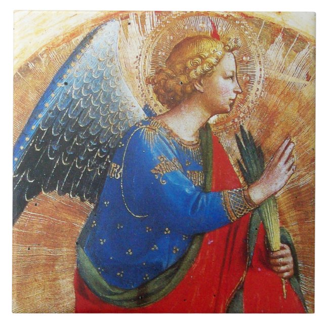 ANGEL IN GOLD RED BLUE BY BEATO ANGELICO Christmas Ceramic Tile (Front)