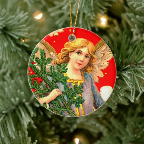 Angel in Lavender Carrying Xmas Tree  Ceramic Ornament