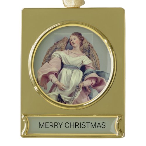 Angel in Pink &amp; White:  Gold Plated Banner Ornament