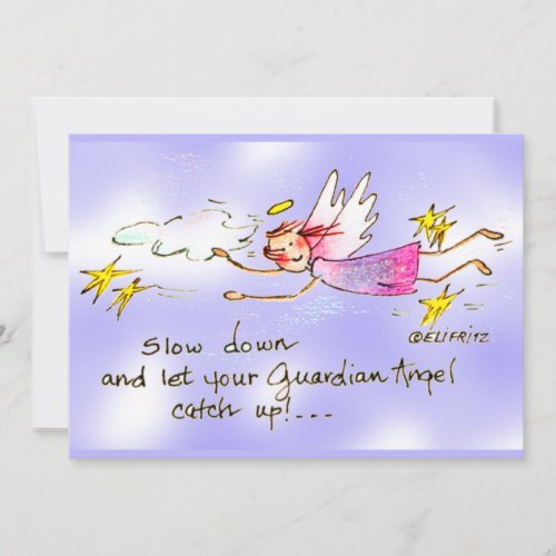 Angel In Purple  Gold Stars Says Slow Down text Holiday Card