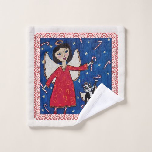 Angel in Red Dress With Angel Cat sky Candy Canes Wash Cloth