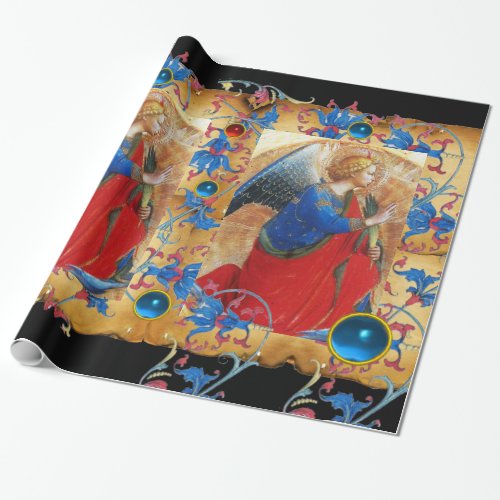 ANGEL IN REDGOLD BLUE FLORAL PARCHMENT AND GEMS WRAPPING PAPER