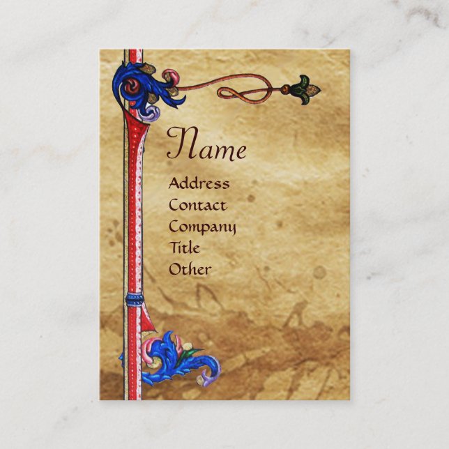 ANGEL IN RED,GOLD,BLUE FLORAL PARCHMENT BUSINESS CARD (Front)