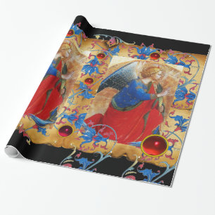 ANGEL IN RED,GOLD, BLUE FLORAL PARCHMENT RED GEMS WRAPPING PAPER