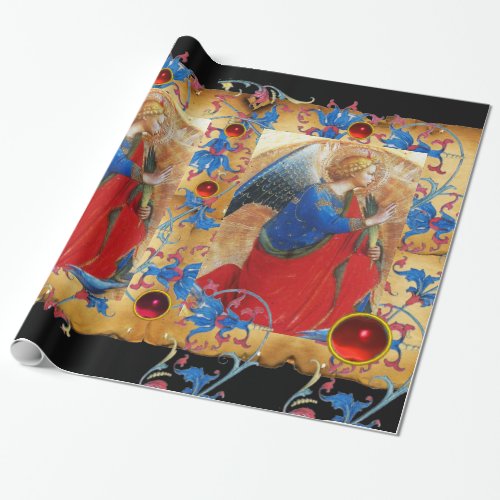 ANGEL IN REDGOLD BLUE FLORAL PARCHMENT RED GEMS WRAPPING PAPER