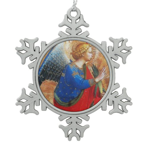 ANGEL IN RED,GOLD, BLUE SNOWFLAKE PEWTER CHRISTMAS ORNAMENT