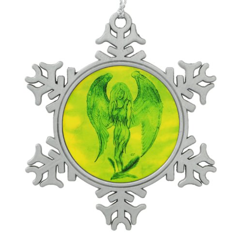 Angel in Tattoo Style Snowflake Pewter Christmas Ornament
