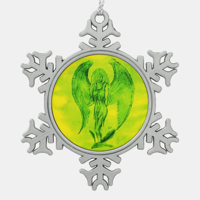 Angel in Tattoo Style Snowflake Pewter Christmas Ornament (Front)