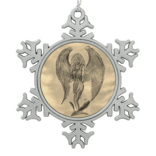 Angel in Tattoo Style Snowflake Pewter Christmas Ornament