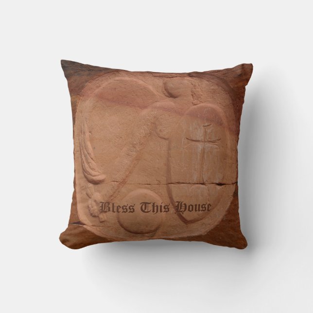 Angel in the Rocks Bless This House Brown Square Throw Pillow (Front)